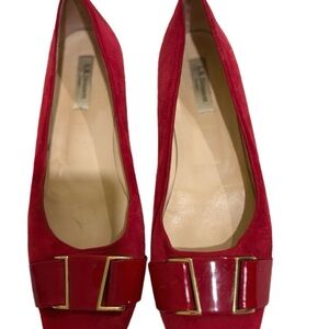 LK Bennett Red Suede Loafers with Gold Detail